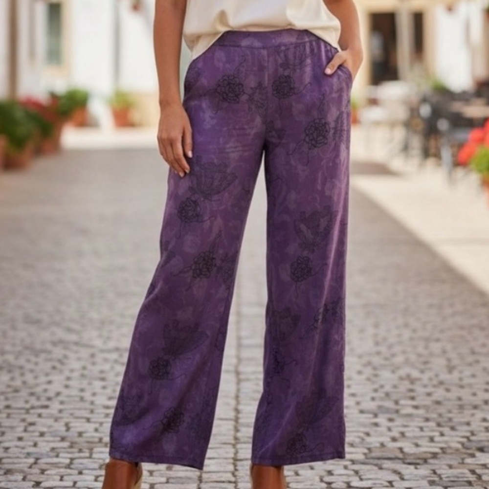 CITRON Santa Monica Butterfly & Floral Purple Wide Leg Rayon Pants